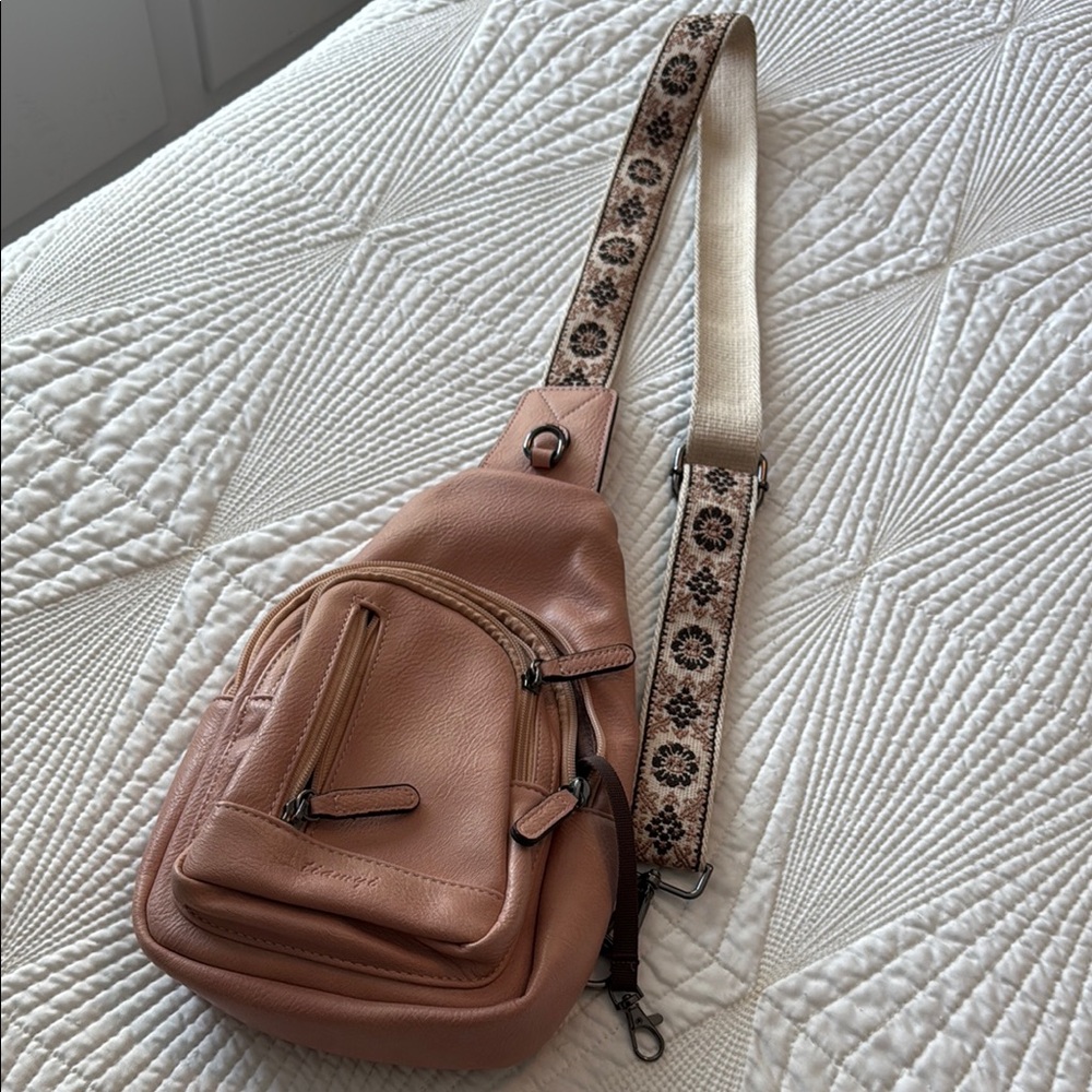 Pink Crossbody Bag with Patterned Strap
